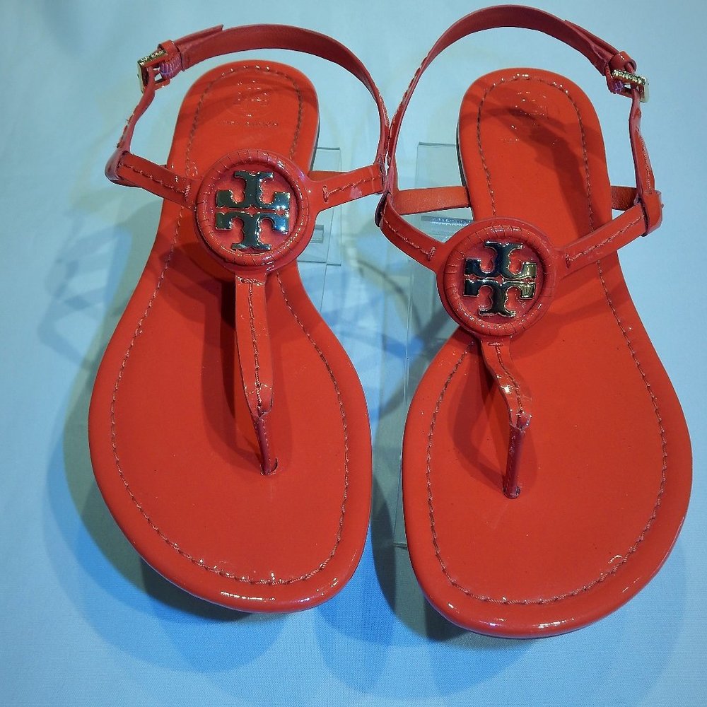 Tory Burch "Dillian" Deep Orange Patent Leather Sandals in Size 10 (New)